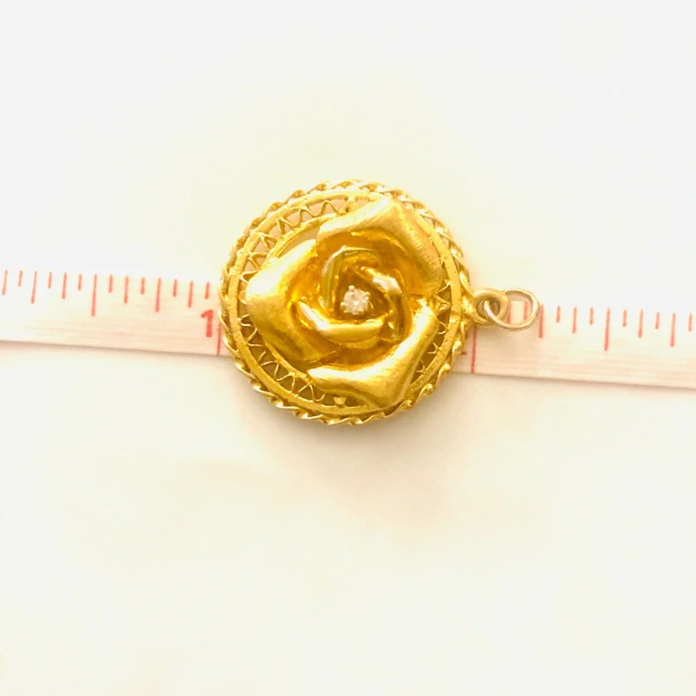 Vintage 14k Gold Rose Diamond Pendant Estate Jewelry, 5.2 Grams “Engraved Rose” - Picture 3 of 5